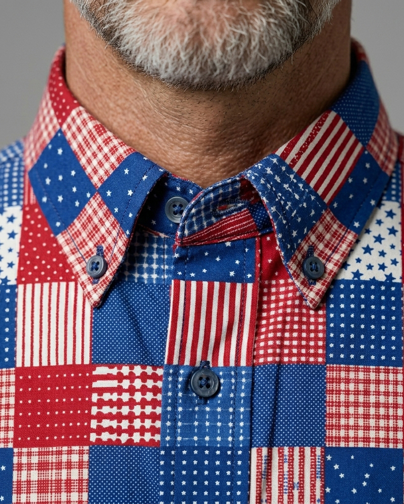 Men's Red Blue White Patchwork Plaid Print Regular Fit Preppy Casual Short-Sleeve Button-Down Collar Shirt
