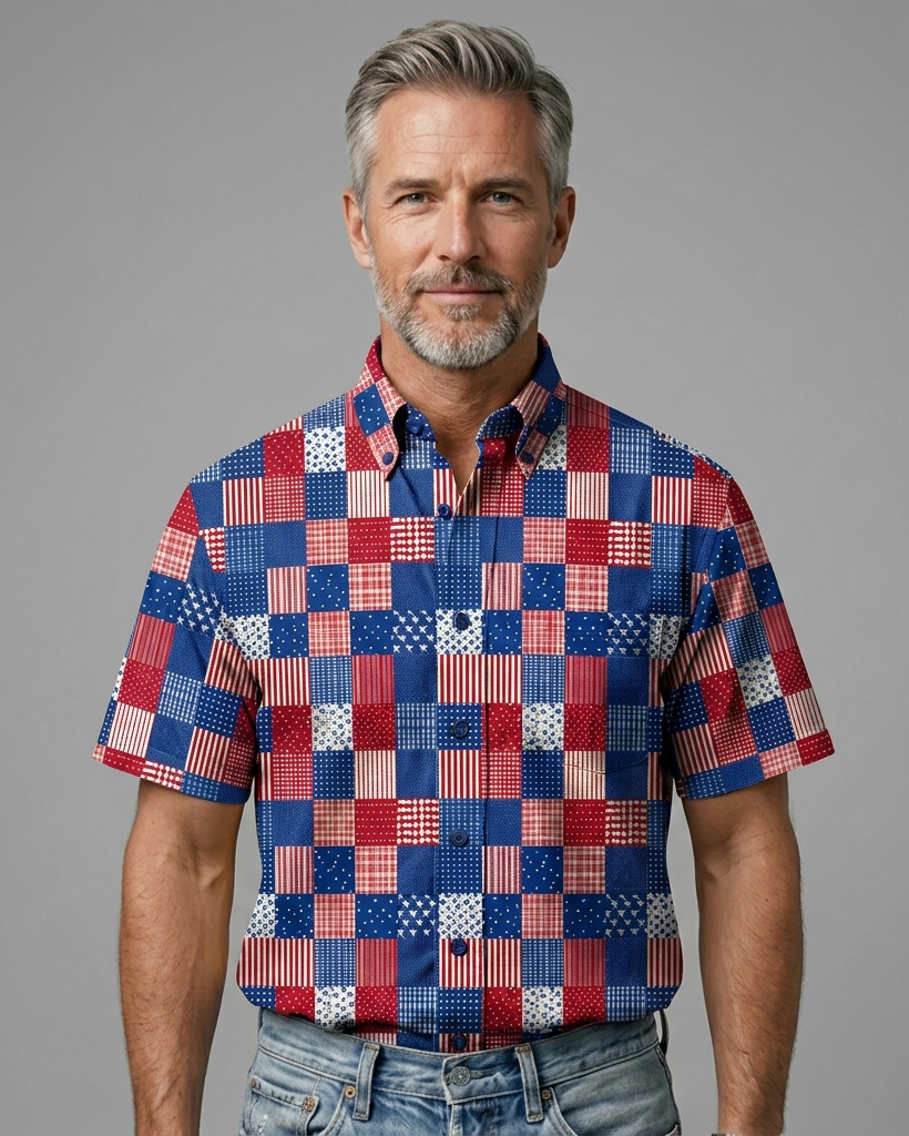 Men's Red Blue White Patchwork Plaid Print Regular Fit Preppy Casual Short-Sleeve Button-Down Collar Shirt