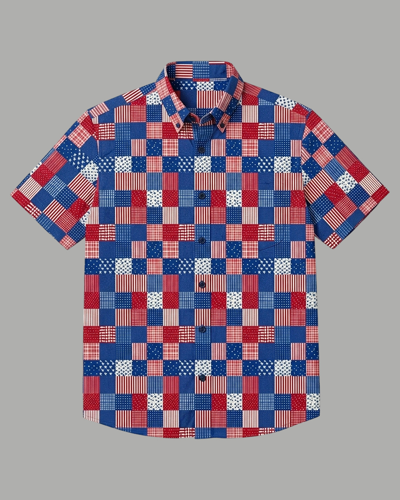 Men's Red Blue White Patchwork Plaid Print Regular Fit Preppy Casual Short-Sleeve Button-Down Collar Shirt