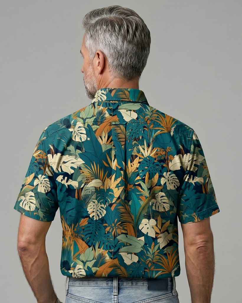 Men's Teal Blue Ochre Tropical Monstera Leaf Print Relaxed Fit Hawaiian Vacation Casual Short-Sleeve Button-Down Shirt