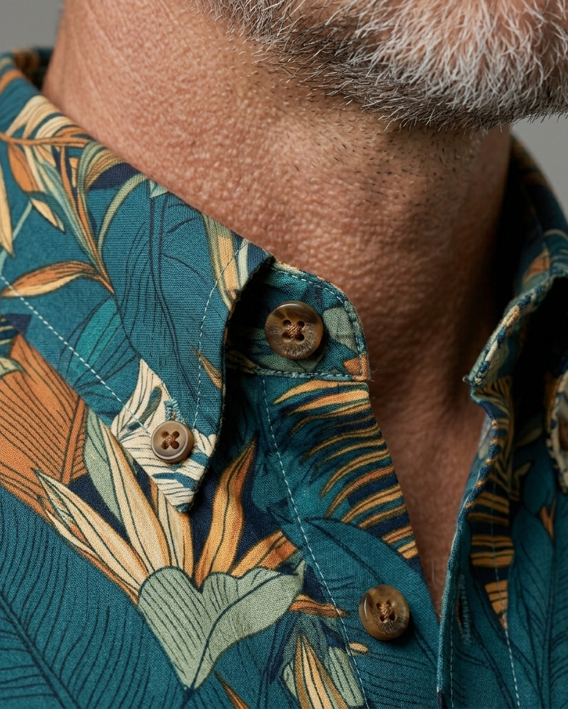 Men's Teal Blue Ochre Tropical Monstera Leaf Print Relaxed Fit Hawaiian Vacation Casual Short-Sleeve Button-Down Shirt