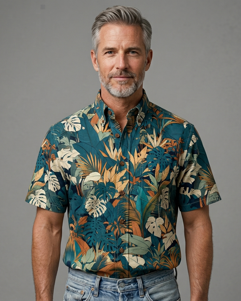 Men's Teal Blue Ochre Tropical Monstera Leaf Print Relaxed Fit Hawaiian Vacation Casual Short-Sleeve Button-Down Shirt