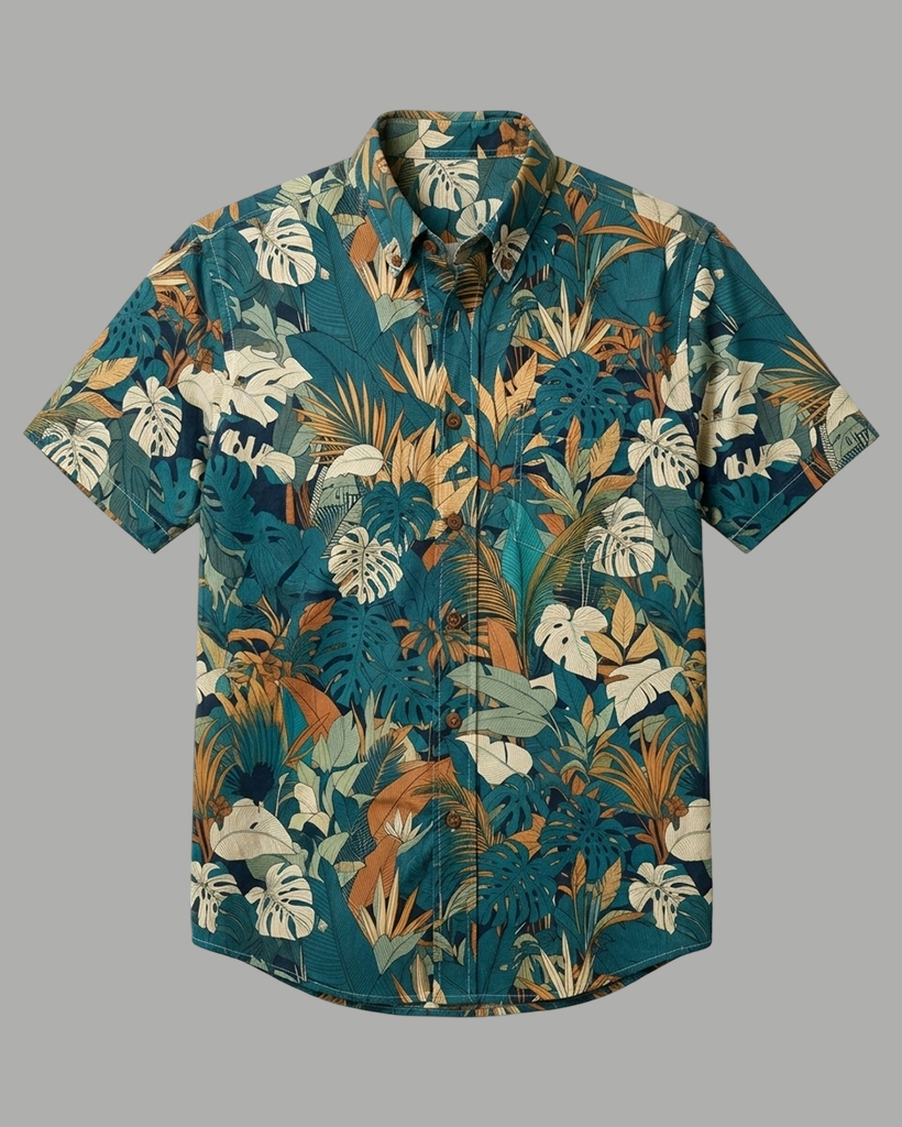 Men's Teal Blue Ochre Tropical Monstera Leaf Print Relaxed Fit Hawaiian Vacation Casual Short-Sleeve Button-Down Shirt