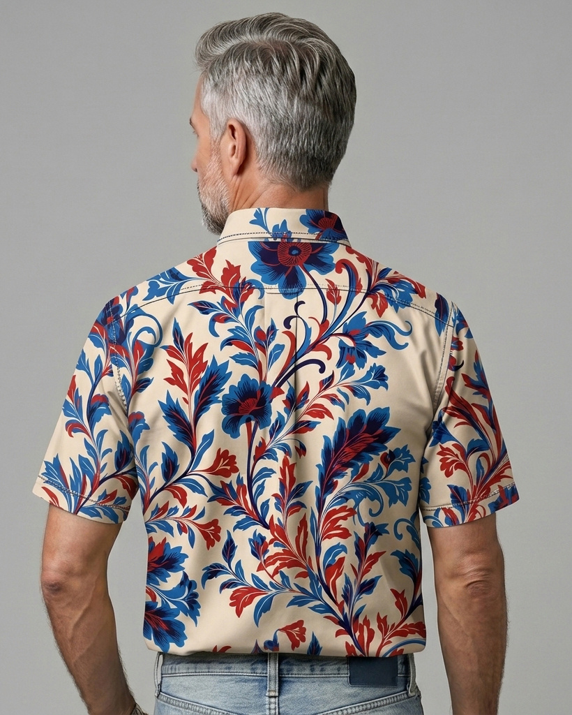 Men's Cream Base Red Blue Baroque Floral Print Regular Fit Retro Art Casual Short-Sleeve Button-Down Shirt