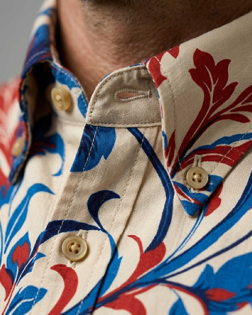 Men's Cream Base Red Blue Baroque Floral Print Regular Fit Retro Art Casual Short-Sleeve Button-Down Shirt