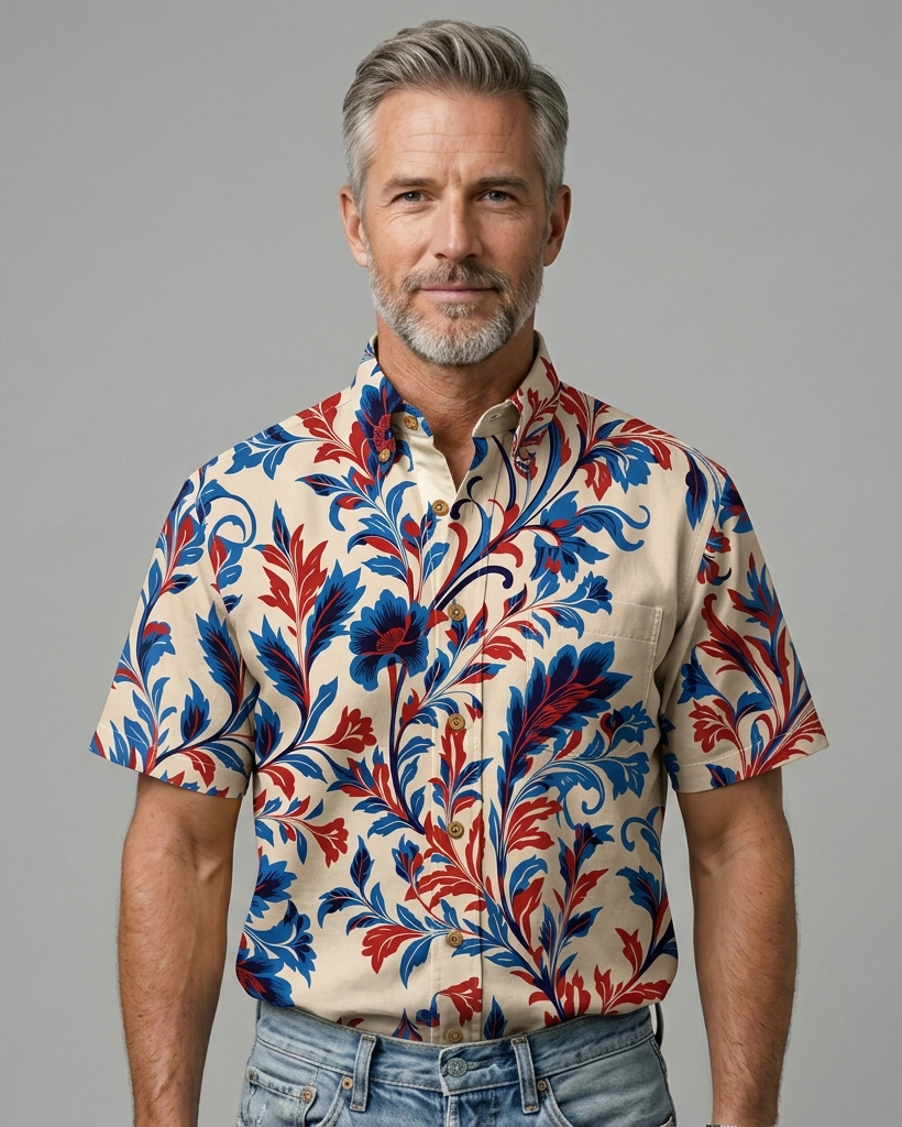 Men's Cream Base Red Blue Baroque Floral Print Regular Fit Retro Art Casual Short-Sleeve Button-Down Shirt