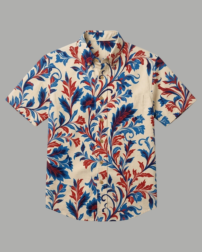 Men's Cream Base Red Blue Baroque Floral Print Regular Fit Retro Art Casual Short-Sleeve Button-Down Shirt