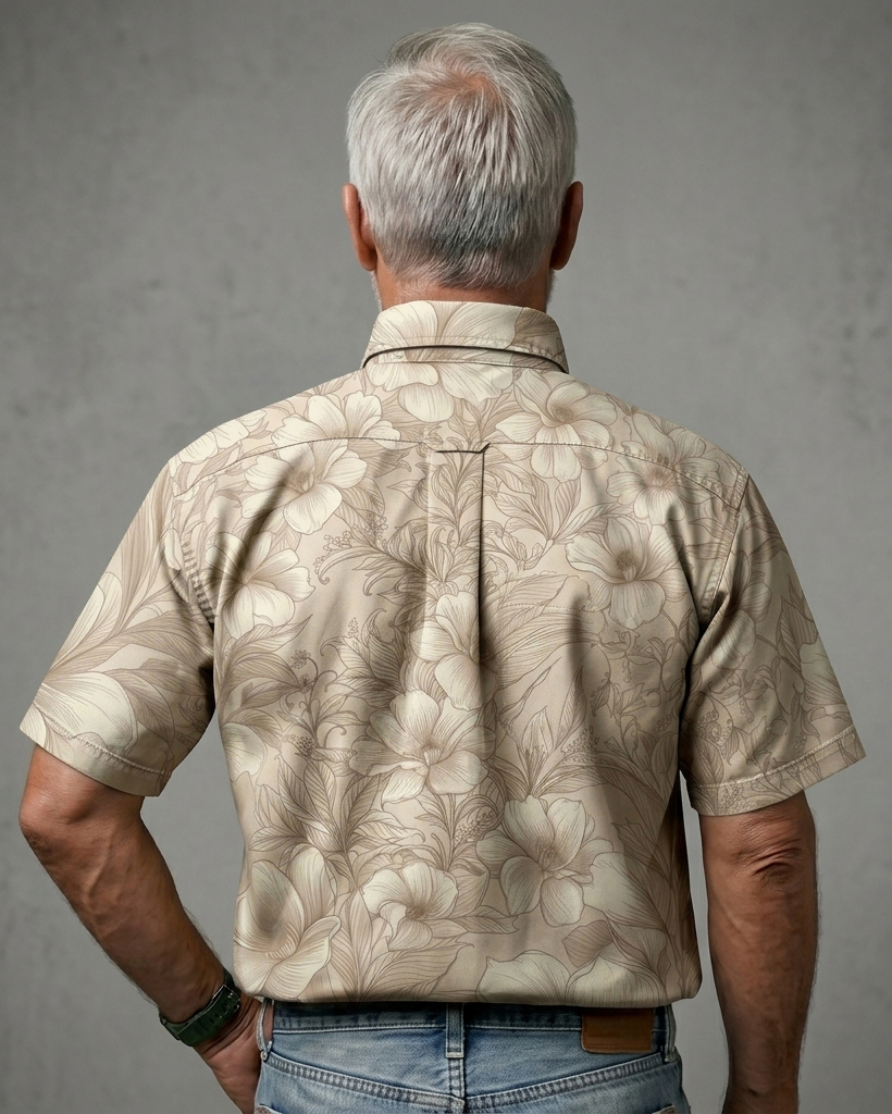 Men's Beige Base Khaki Line Art Floral Print Loose Fit Minimalist Vintage Casual Short-Sleeve Button-Down Shirt