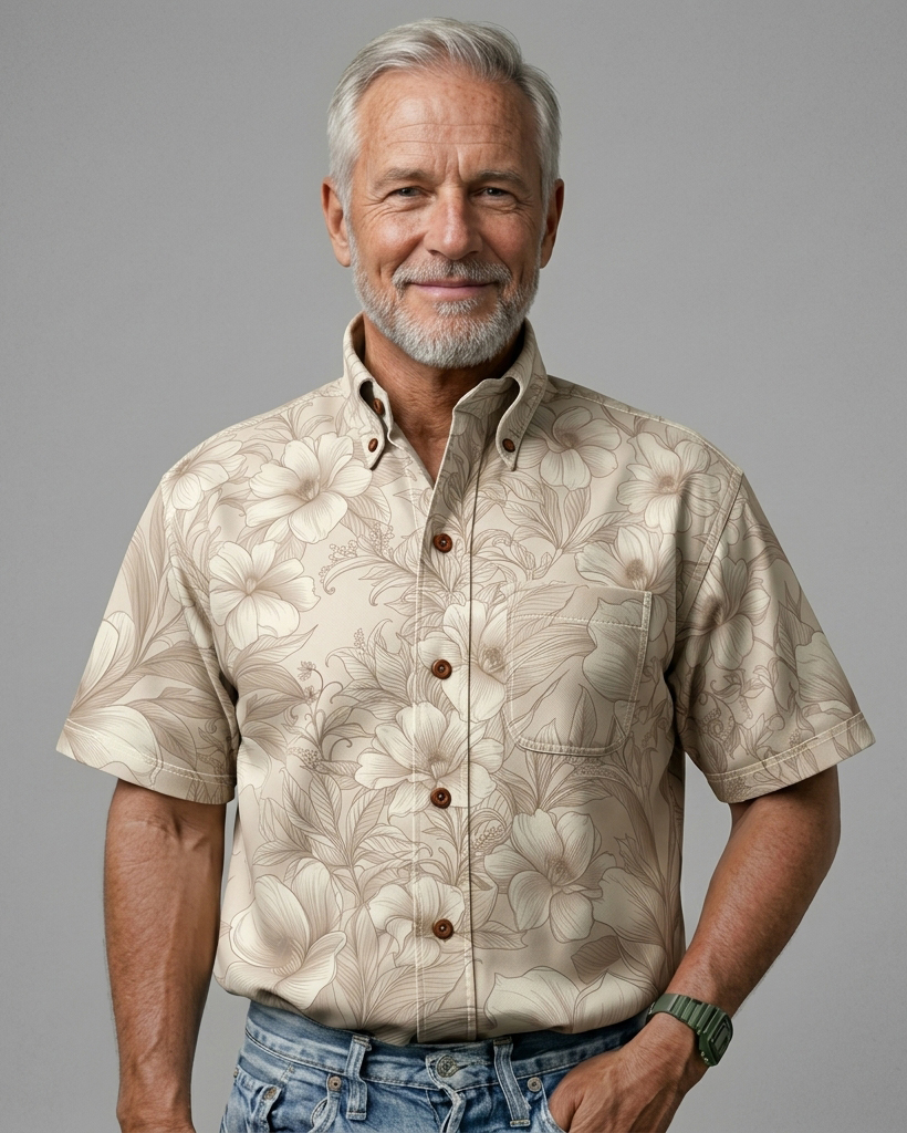 Men's Beige Base Khaki Line Art Floral Print Loose Fit Minimalist Vintage Casual Short-Sleeve Button-Down Shirt