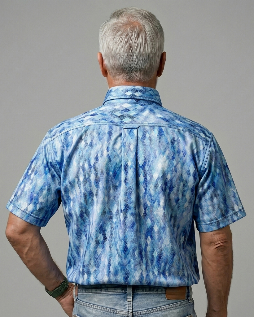 Men's Blue Gradient Rhombus Geometric Print Regular Fit Casual Street Short-Sleeve Button-Down Shirt
