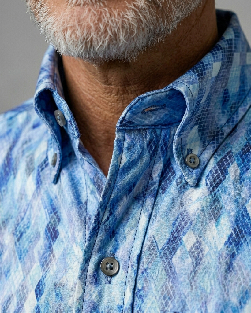 Men's Blue Gradient Rhombus Geometric Print Regular Fit Casual Street Short-Sleeve Button-Down Shirt