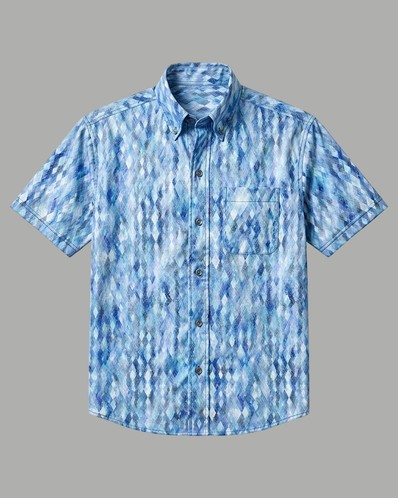 Men's Blue Gradient Rhombus Geometric Print Regular Fit Casual Street Short-Sleeve Button-Down Shirt