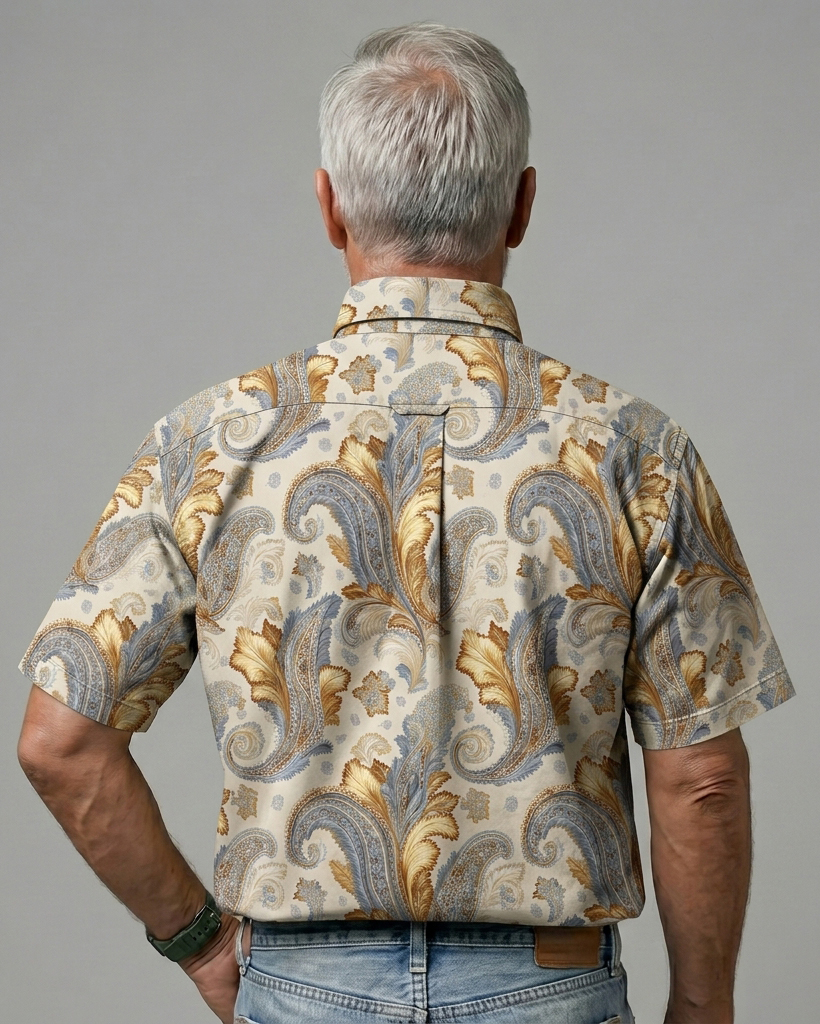 Men's Cream Base Gold Blue Paisley Print Classic Fit Retro Luxury Casual Short-Sleeve Button-Down Shirt