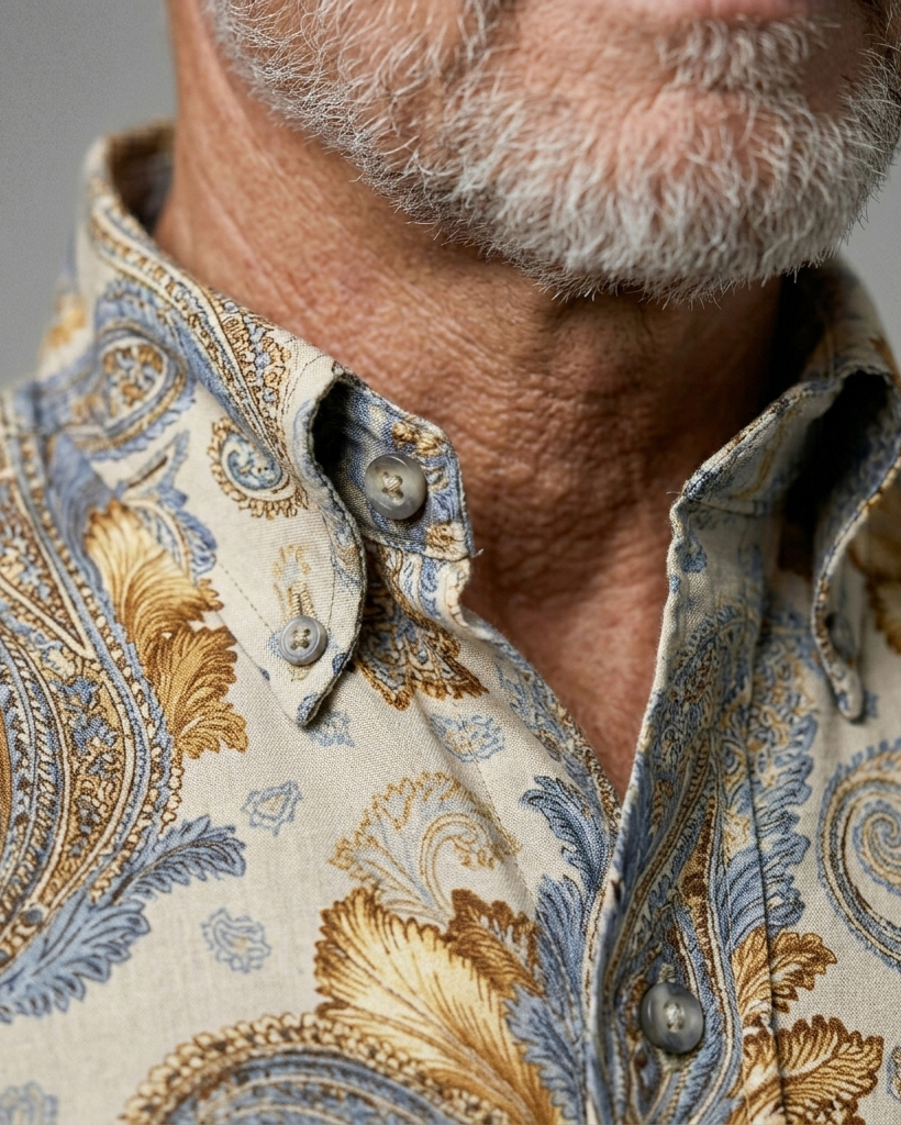 Men's Cream Base Gold Blue Paisley Print Classic Fit Retro Luxury Casual Short-Sleeve Button-Down Shirt