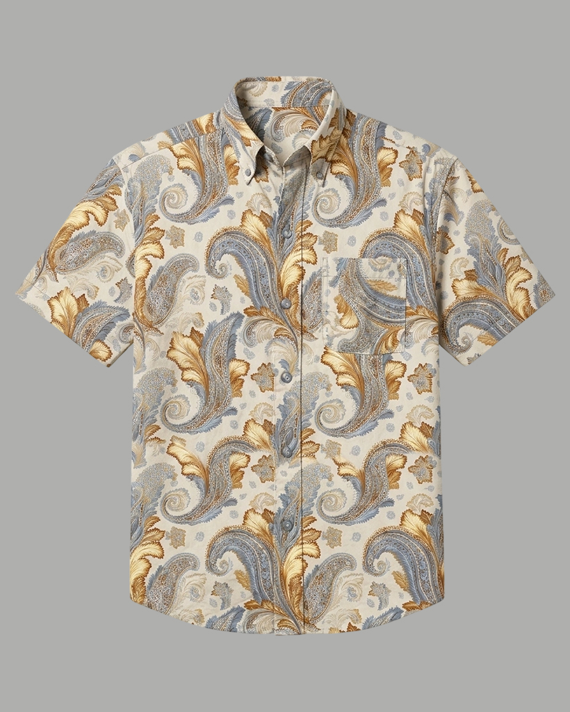 Men's Cream Base Gold Blue Paisley Print Classic Fit Retro Luxury Casual Short-Sleeve Button-Down Shirt