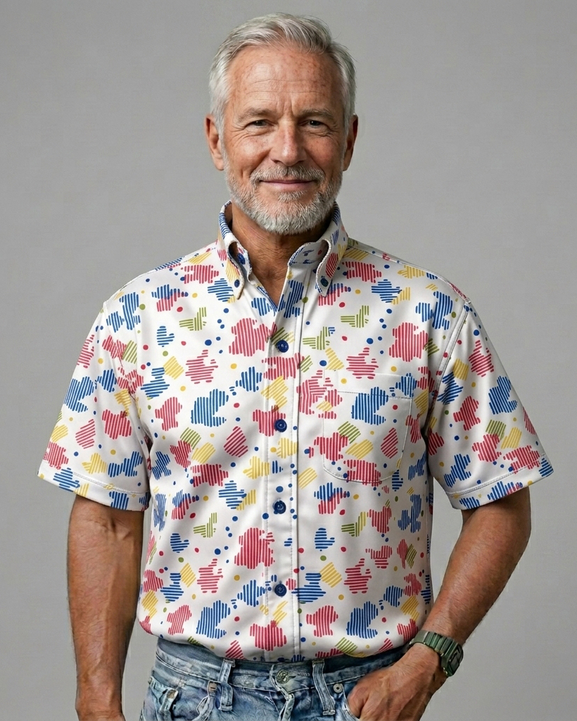Men's White Base Multicolor Abstract Pixel Print Comfort Fit Playful Street Casual Short-Sleeve Button-Down Shirt