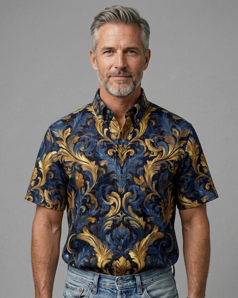 Men's Navy Base Gold Blue Baroque Scroll Print Slim Fit Luxe Retro Elegant Short-Sleeve Button-Down Shirt