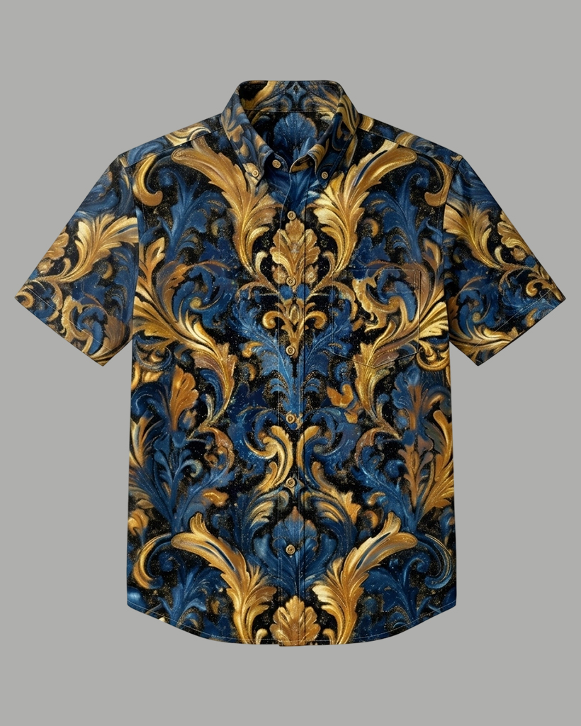 Men's Navy Base Gold Blue Baroque Scroll Print Slim Fit Luxe Retro Elegant Short-Sleeve Button-Down Shirt