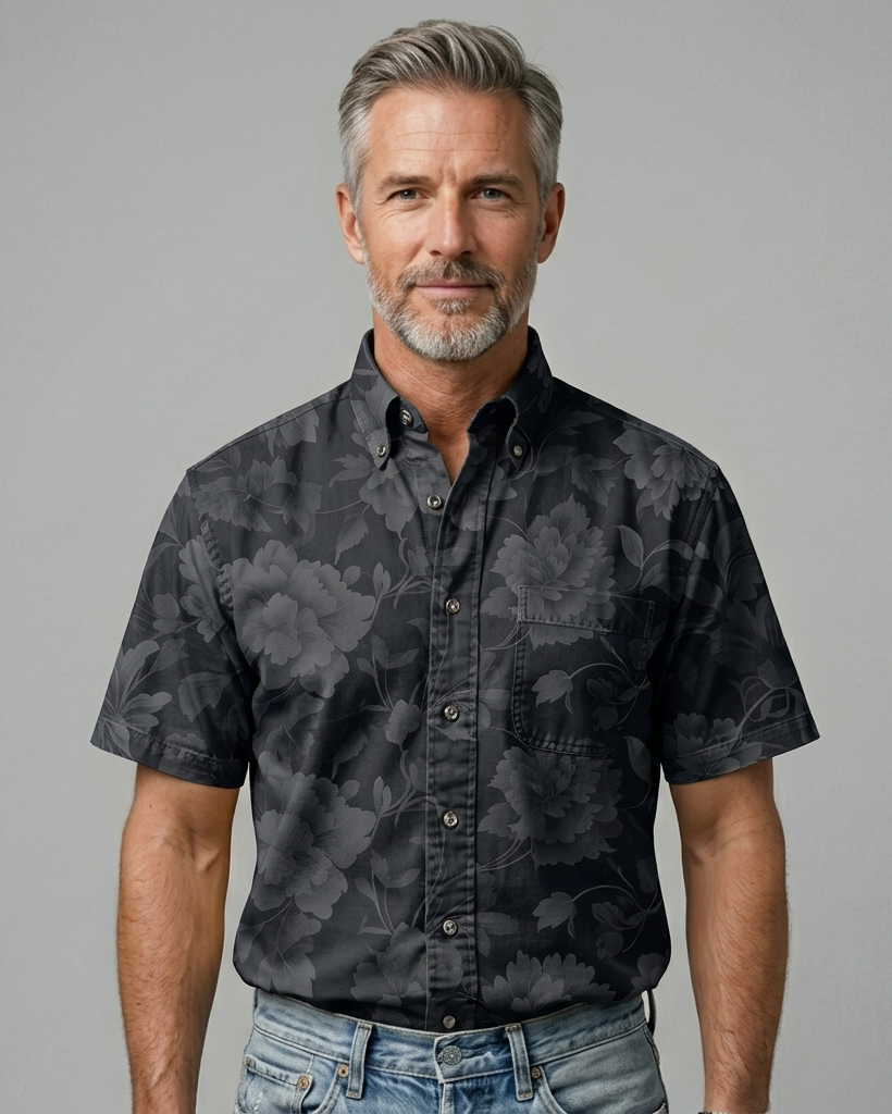 Men's Black Base Dark Grey Peony Floral Print Loose Fit Minimalist Muted Casual Short-Sleeve Button-Down Shirt