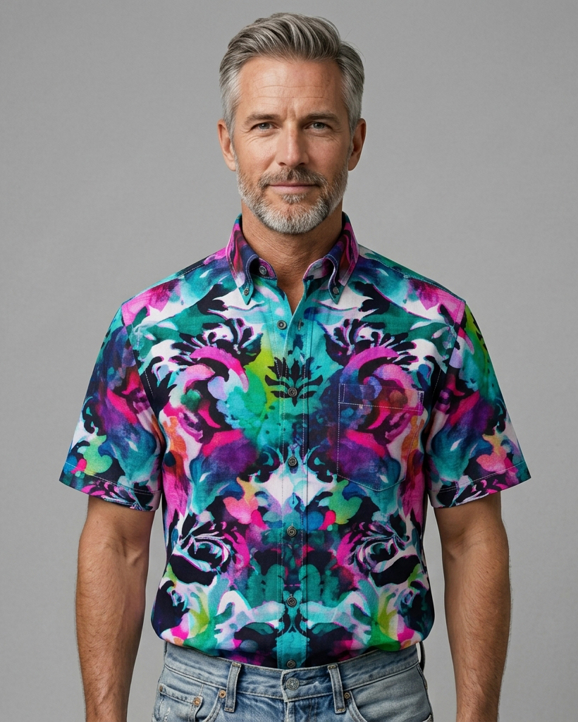 Men's Multicolor Ink Wash Baroque Floral Print Regular Fit Vibrant Artistic Casual Short-Sleeve Button-Down Shirt