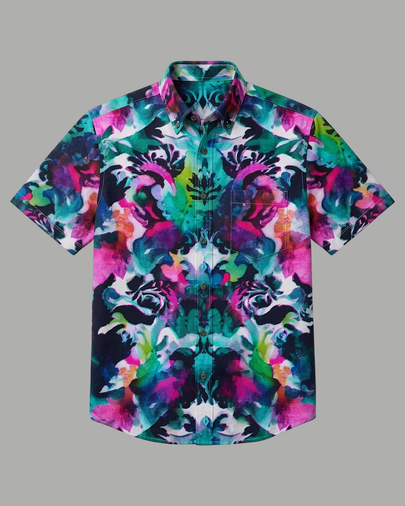 Men's Multicolor Ink Wash Baroque Floral Print Regular Fit Vibrant Artistic Casual Short-Sleeve Button-Down Shirt