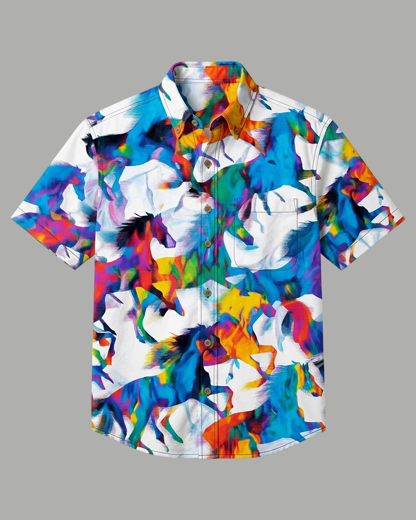 Men's White Base Vibrant Running Horse Print Regular Fit Street Art Casual Short-Sleeve Button-Down Shirt