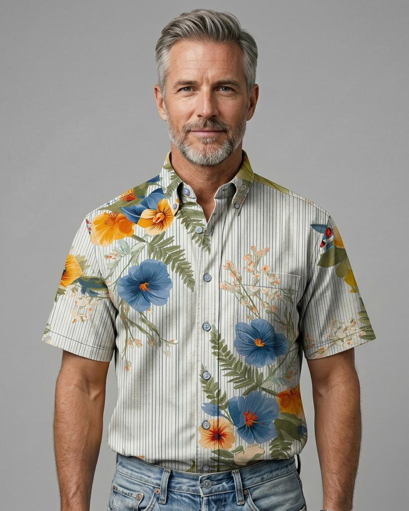 Men's Light Base Thin Vertical Stripe Tropical Floral Regular Fit Retro Casual Short-Sleeve Button-Down Shirt