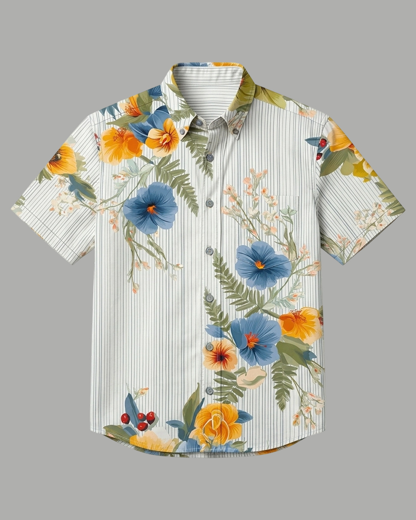 Men's Light Base Thin Vertical Stripe Tropical Floral Regular Fit Retro Casual Short-Sleeve Button-Down Shirt