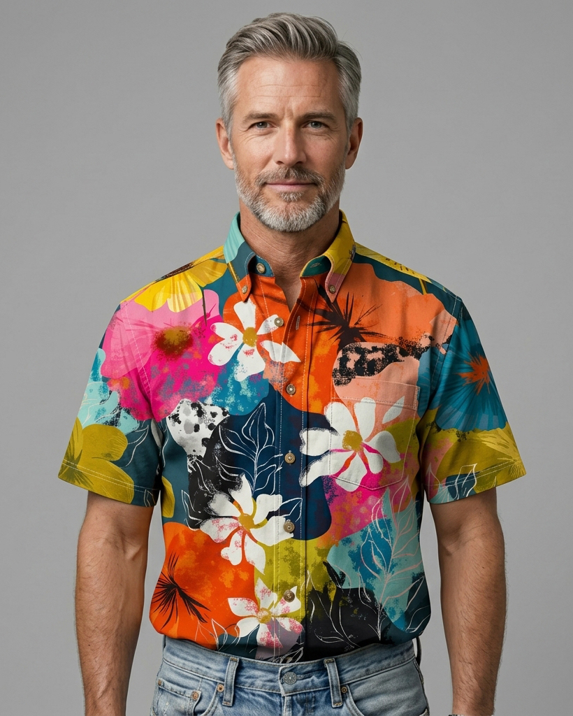Men's Multicolor Block Abstract Floral Regular Fit Retro Hawaiian Casual Short-Sleeve Button-Down Shirt
