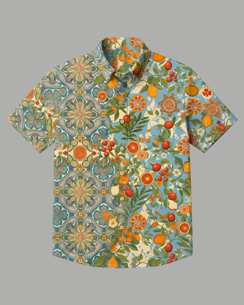 Men's Light Blue Base Mediterranean Tile Citrus Floral Regular Fit Vintage Vacation Casual Short-Sleeve Button-Down Shirt
