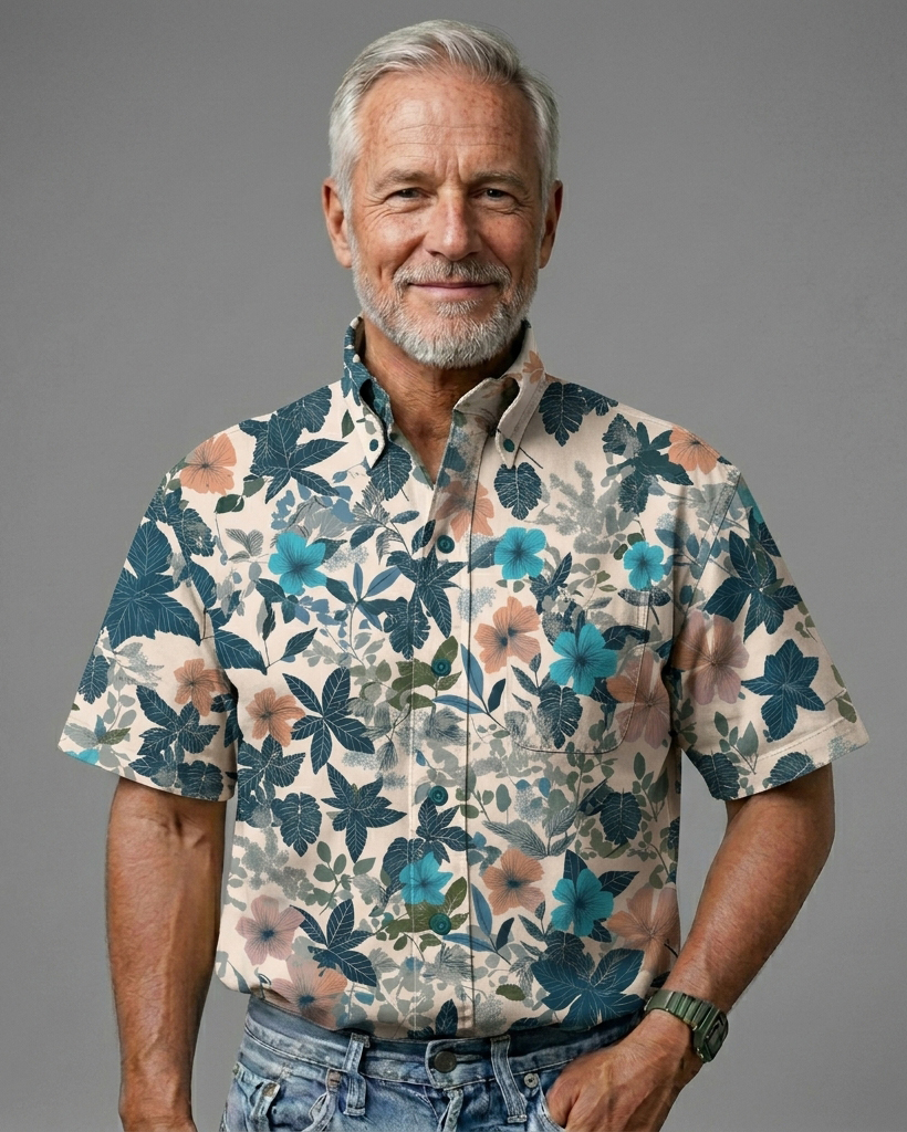 Men's Cream Base Blue Coral Leaf Floral Regular Fit Fresh Botanical Casual Short-Sleeve Button-Down Shirt