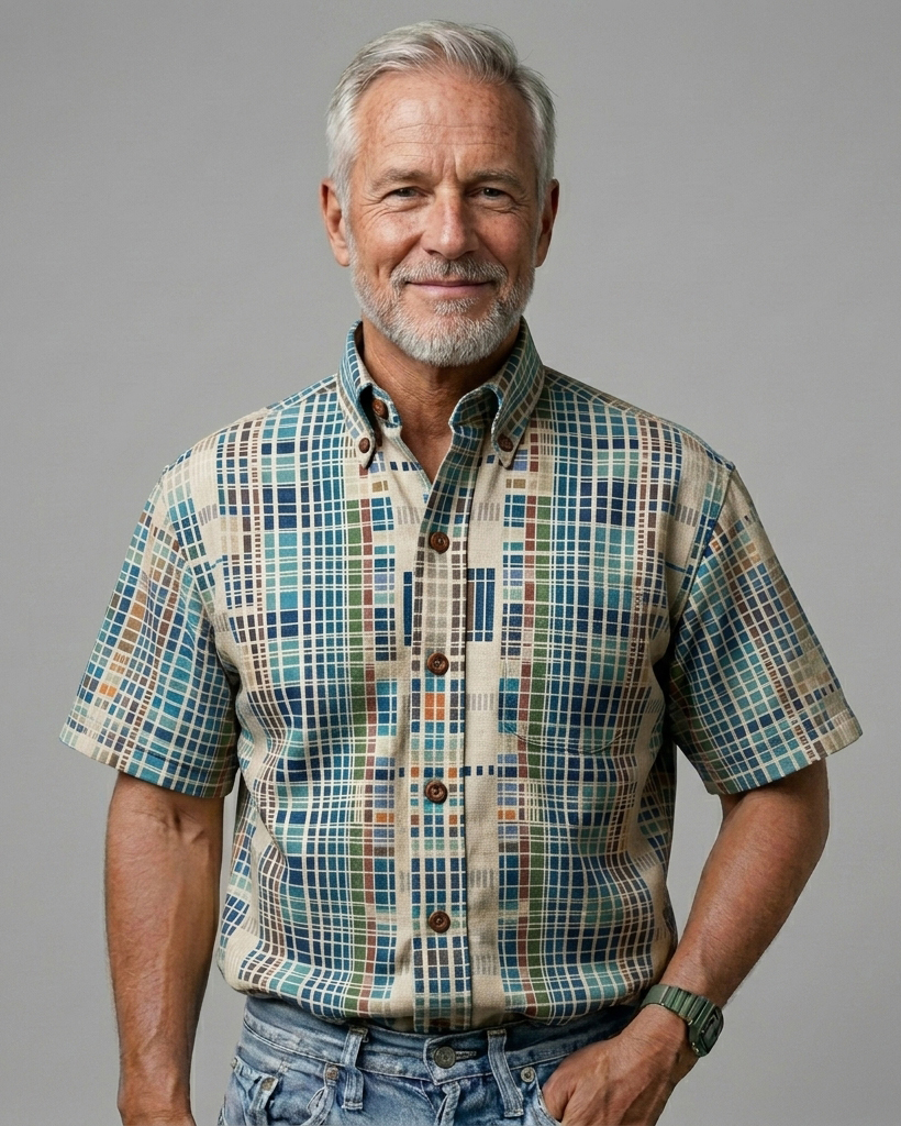Men's Beige Base Blue Green Orange Mosaic Plaid Regular Fit Retro Workwear Casual Short-Sleeve Button-Down Shirt