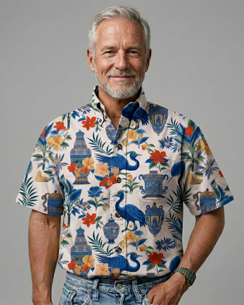 Men's Beige Base Blue Porcelain Crane Floral Regular Fit Oriental Tropical Casual Short-Sleeve Button-Down Shirt