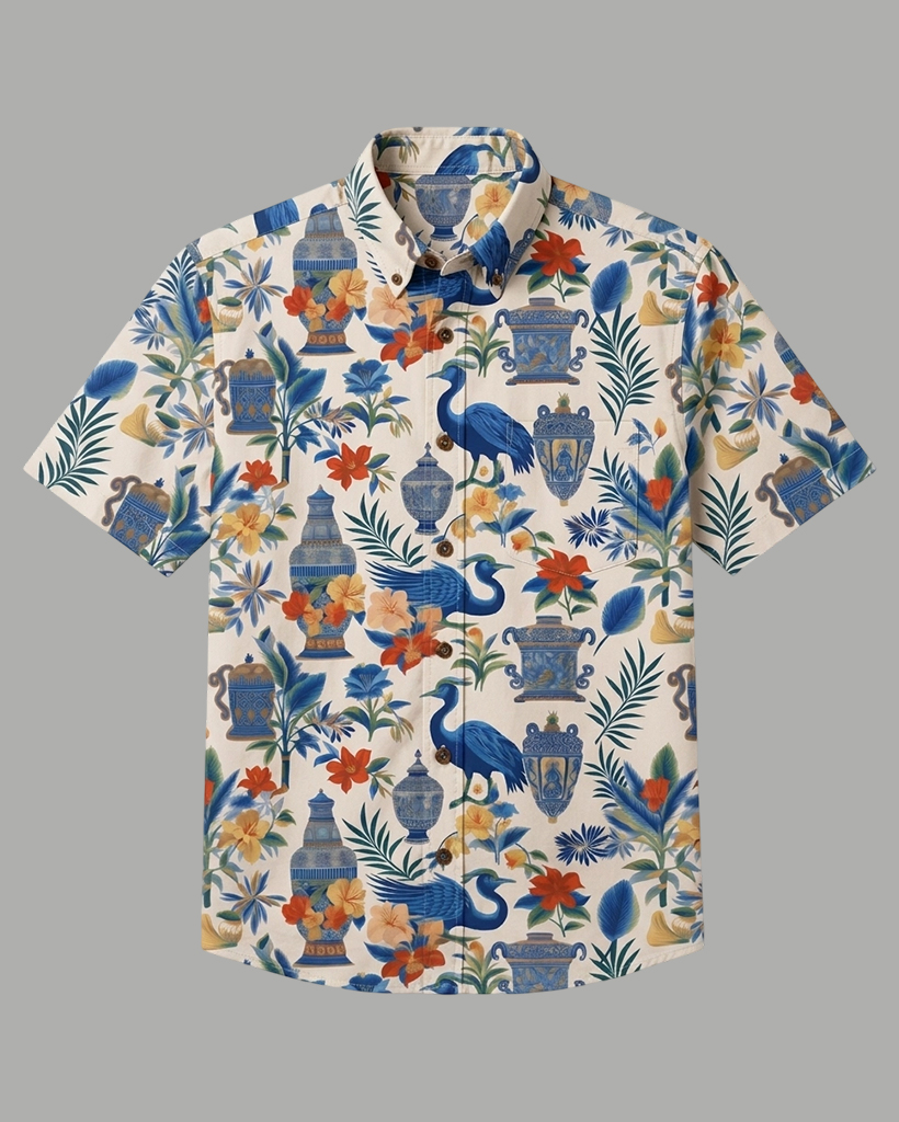 Men's Beige Base Blue Porcelain Crane Floral Regular Fit Oriental Tropical Casual Short-Sleeve Button-Down Shirt