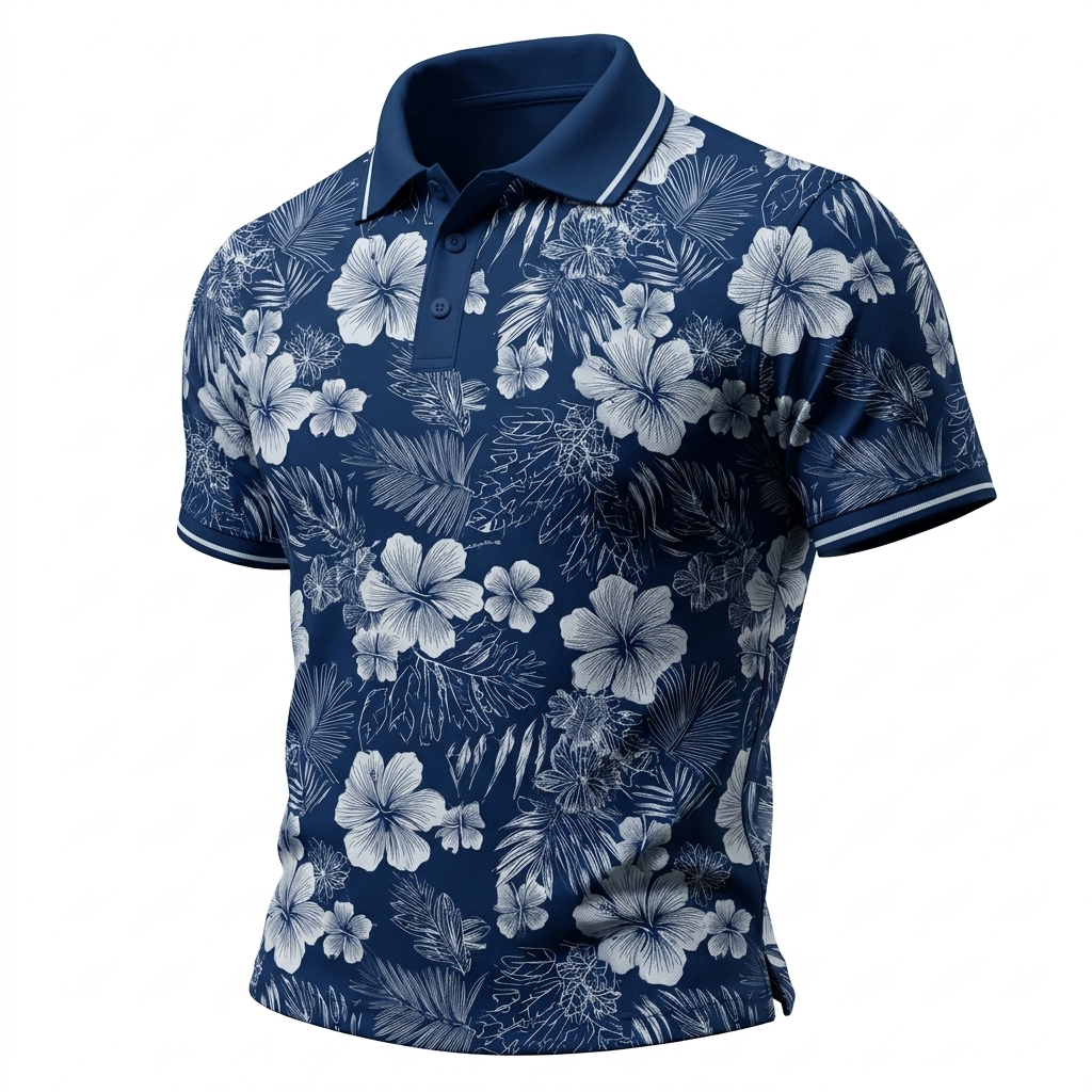  Retro Tropical Hibiscus Button-Up Polo Shirt