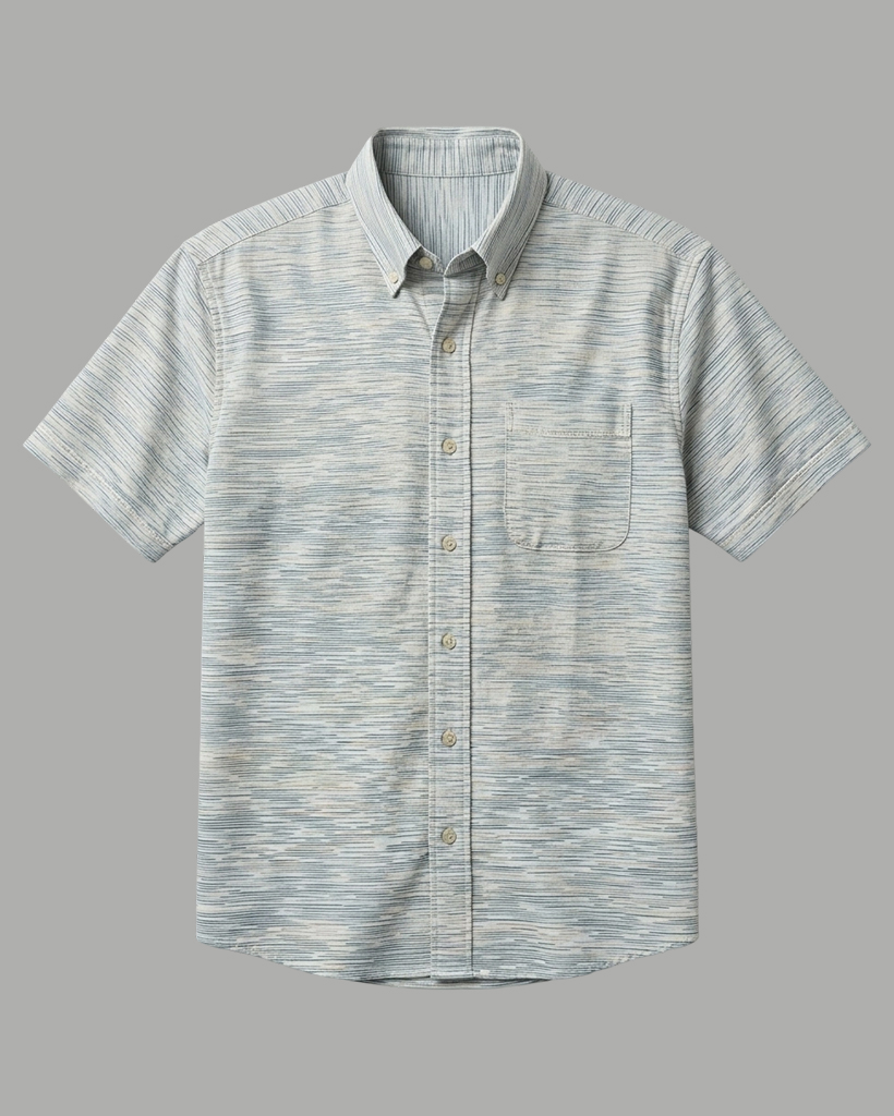 Men's Light Gray Heather Fine Stripes Regular Fit Minimalist Urban Casual Short-Sleeve Button-Down Shirt