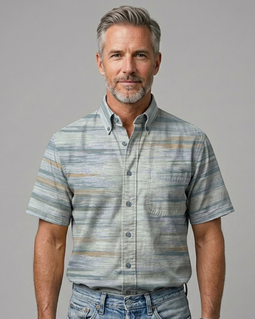 Men's Misty Blue Khaki Washed Stripes Regular Fit Retro Linen Casual Short-Sleeve Button-Down Shirt
