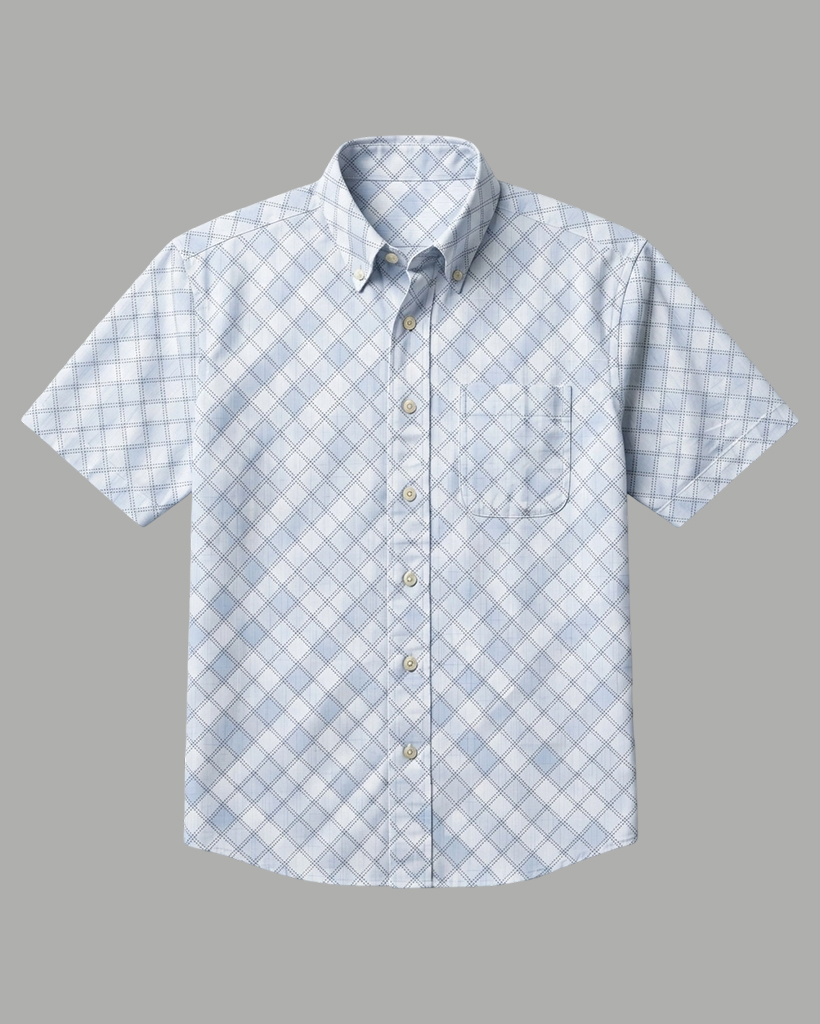 Men's Light Blue White Diamond Check Regular Fit Smart Business Casual Short-Sleeve Button-Down Shirt