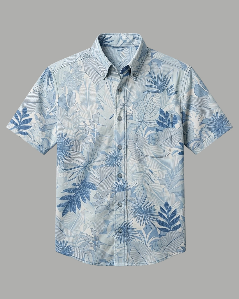 Men's Light Blue beiga Tropical Leaf Regular Fit Casual Vacation Short-Sleeve Button-Down Shirt