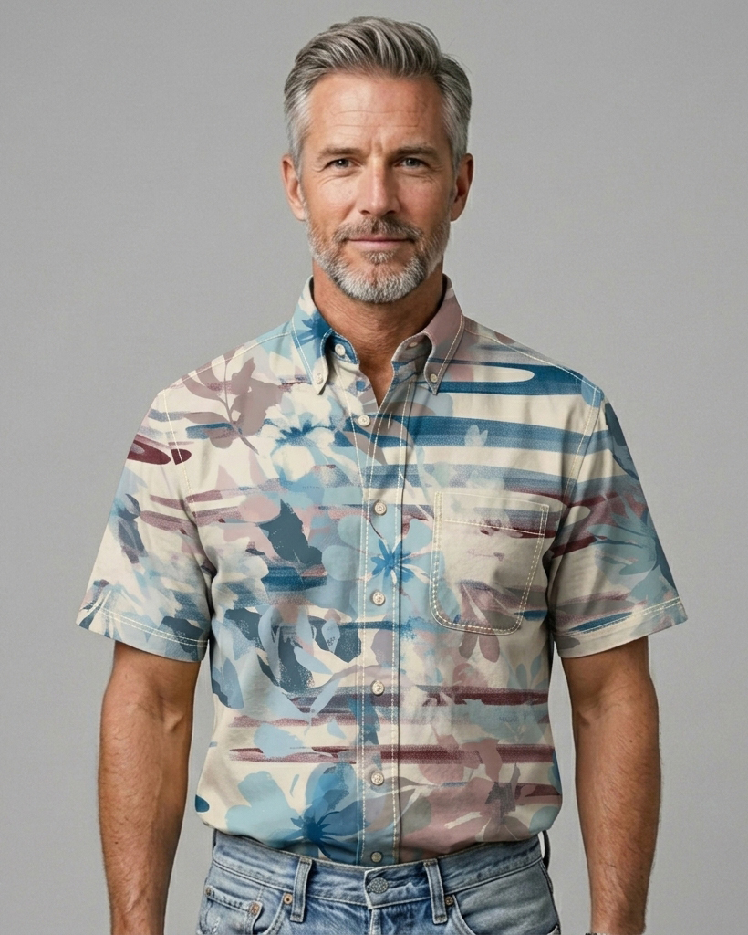 Men's Creamy Blue Maroon Abstract Floral Regular Fit Retro Art Casual Short-Sleeve Shirt