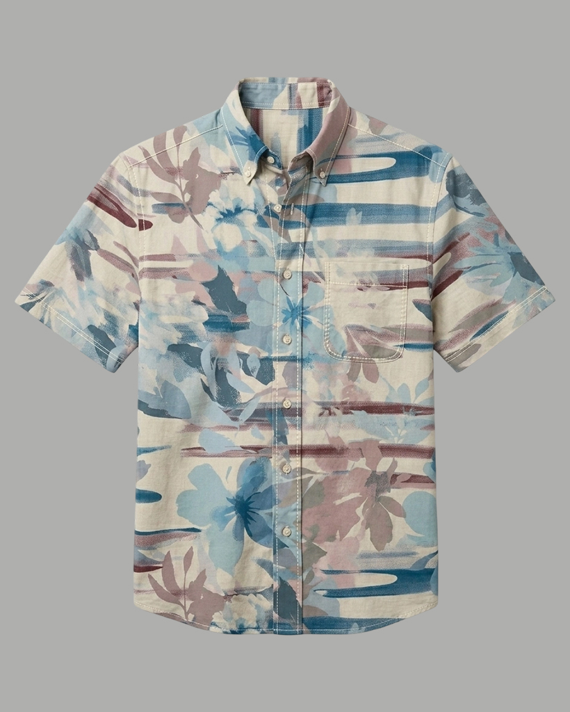 Men's Creamy Blue Maroon Abstract Floral Regular Fit Retro Art Casual Short-Sleeve Shirt