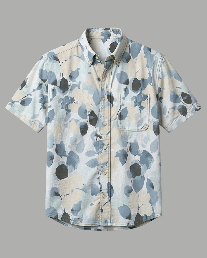 Men's Dusty Blue Ash Leaf Regular Fit Nature-Inspired Casual Short-Sleeve Shirt