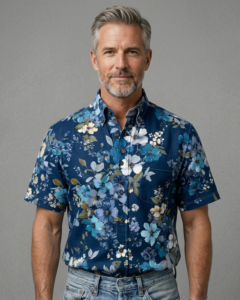Men's Navy Blue Multitone Floral Regular Fit Retro Vacation Short-Sleeve Shirt