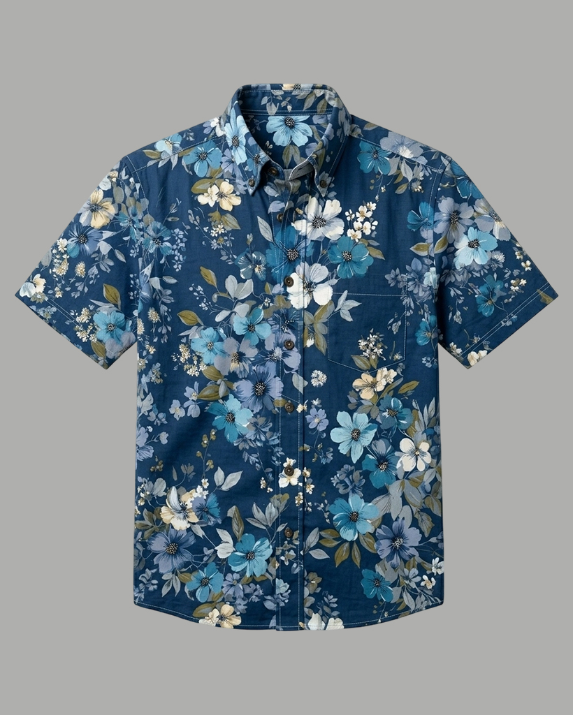 Men's Navy Blue Multitone Floral Regular Fit Retro Vacation Short-Sleeve Shirt