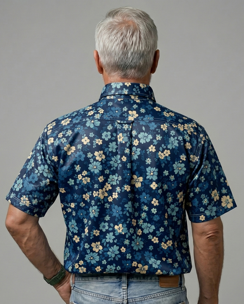 Men's Navy Base Cyan Yellow Ditsy Floral Regular Fit Retro Casual Short-Sleeve Shirt