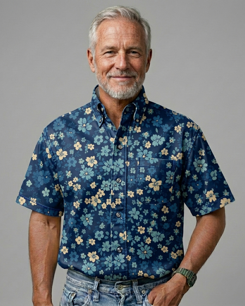 Men's Navy Base Cyan Yellow Ditsy Floral Regular Fit Retro Casual Short-Sleeve Shirt