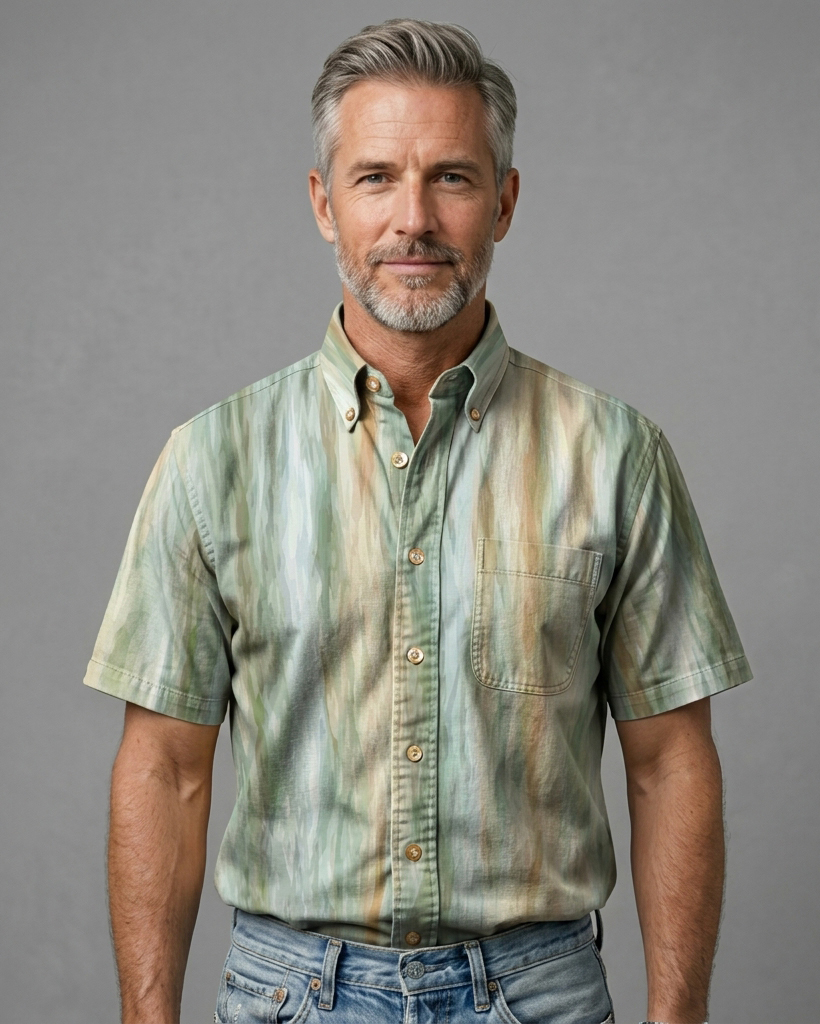 Men's Green Brown Gradient Watercolor Stripe Regular Fit Art Casual Short-Sleeve Shirt