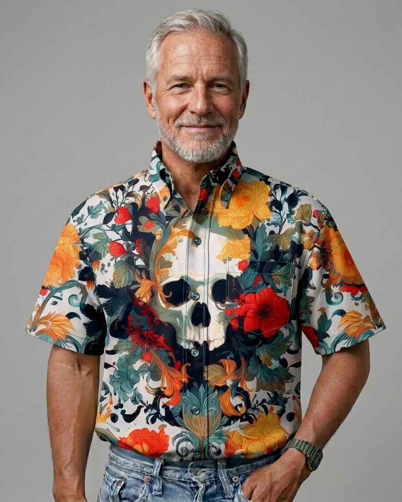 Men's Beige Base Skull Floral Regular Fit Punk Vacation Short-Sleeve Shirt