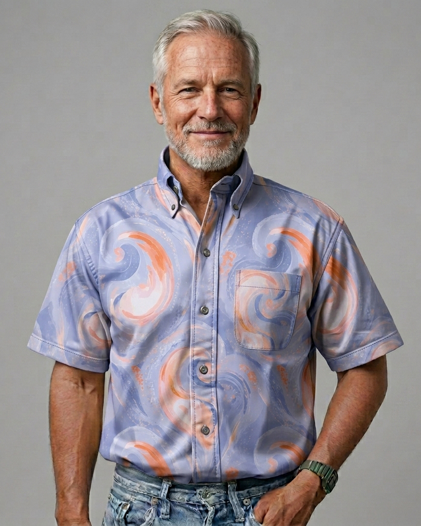 Men's Lavender Base Orange Blue Swirl Regular Fit Abstract Art Casual Short-Sleeve Shirt