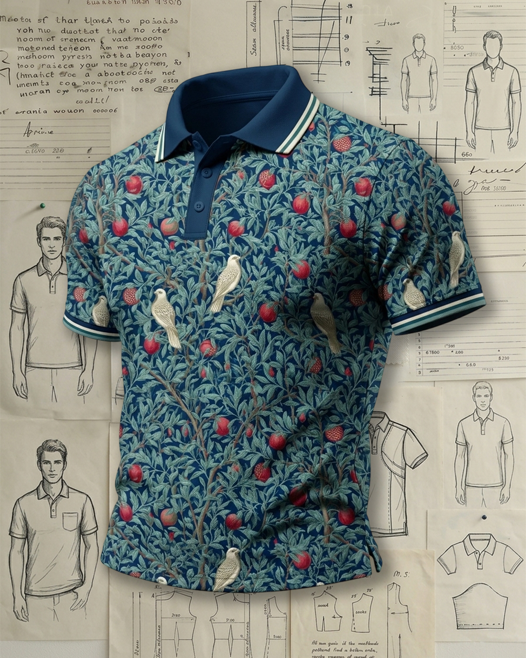 Classic Orchard Bird Print Short Sleeve Polo Shirt